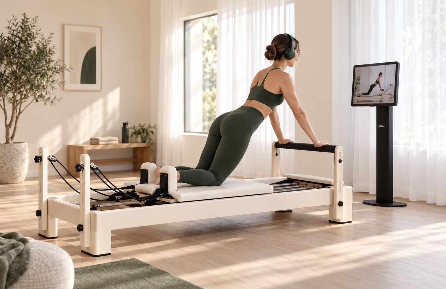 Personne pratiquant sur un Reformer avec un casque et un écran individuel.